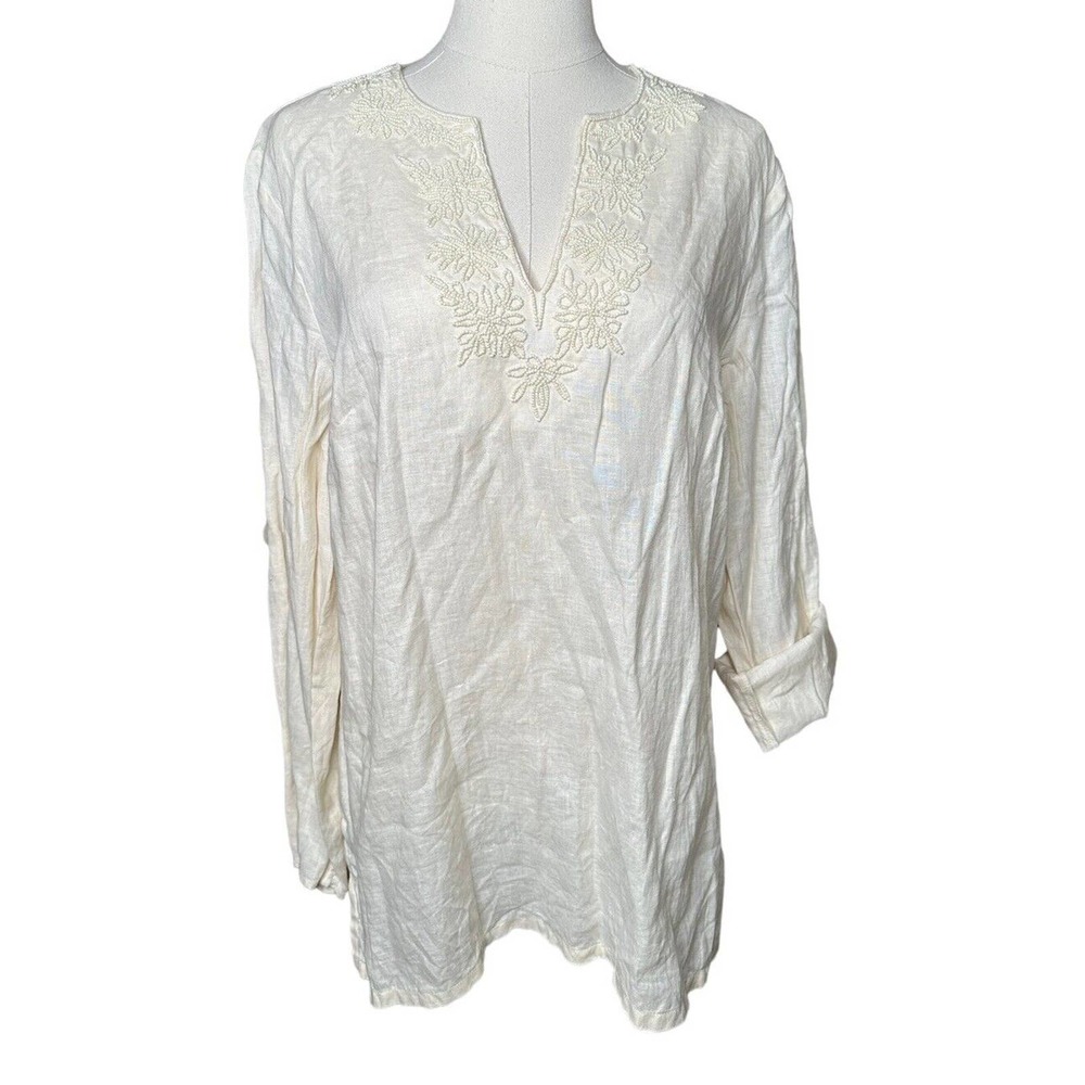 Lands End Shirt Womens Ivory Linen Lagenlook Coastal Beaded Swim Cover Tunic M